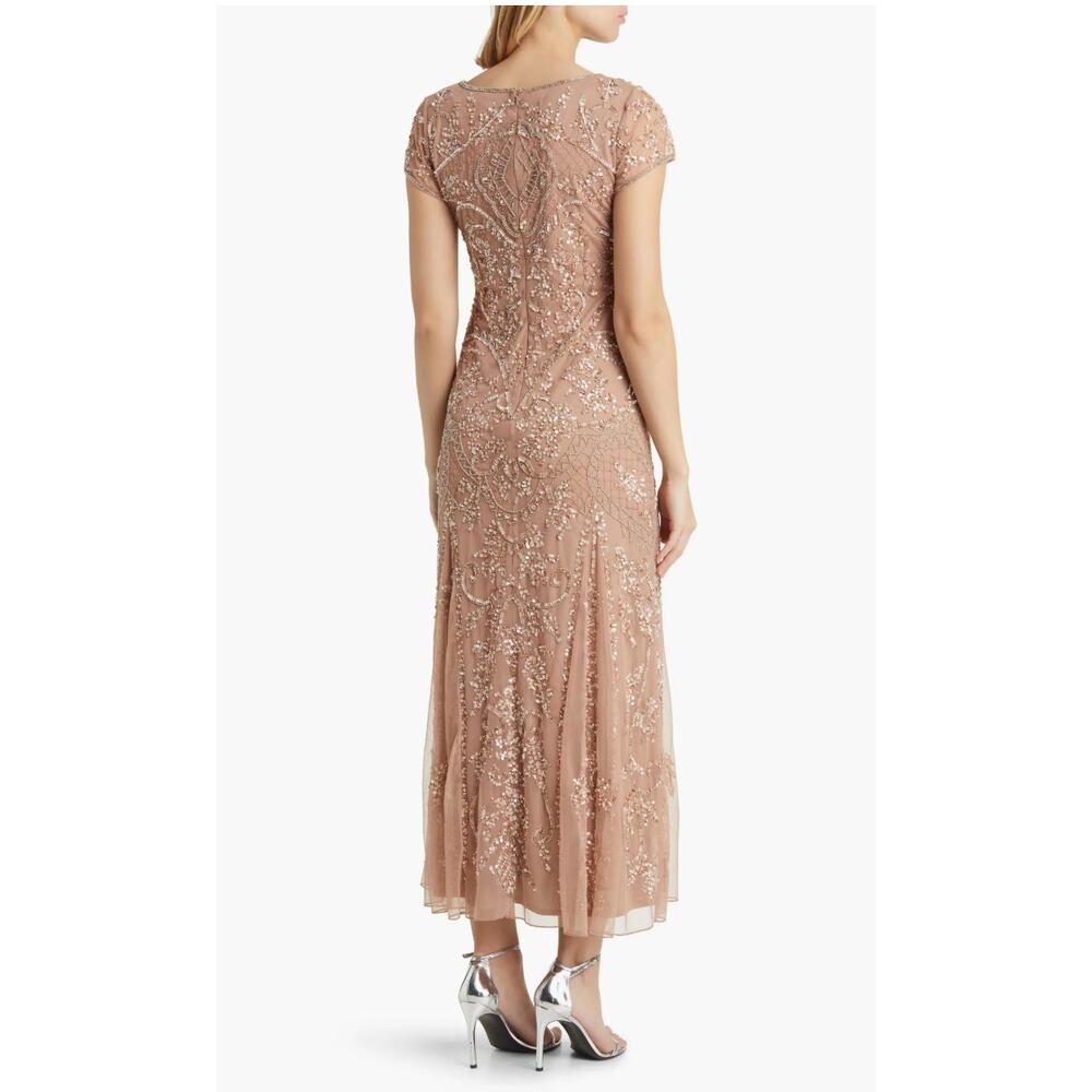 PISARRO NIGHTS New Beige Nude Beaded Mesh Midi Cocktail Dress Holiday NWT Sz 4 - Picture 8 of 10